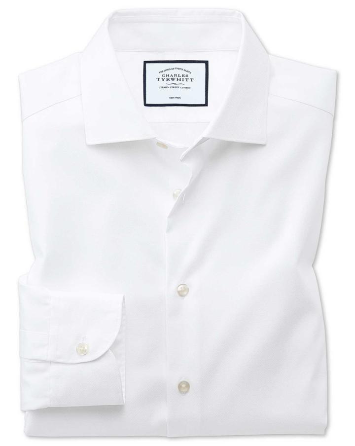  Classic Fit Business Casual Non-iron Modern Textures White Cotton Dress Shirt Single Cuff Size 15/33 By Charles Tyrwhitt