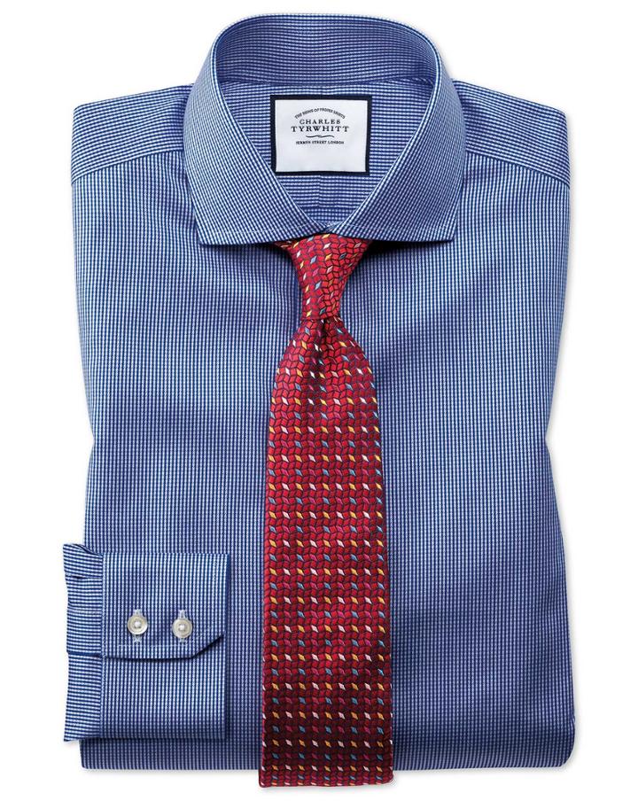 Charles Tyrwhitt Extra Slim Fit Spread Collar Non-iron Puppytooth Royal Blue Cotton Dress Shirt French Cuff Size 14.5/32 By Charles Tyrwhitt