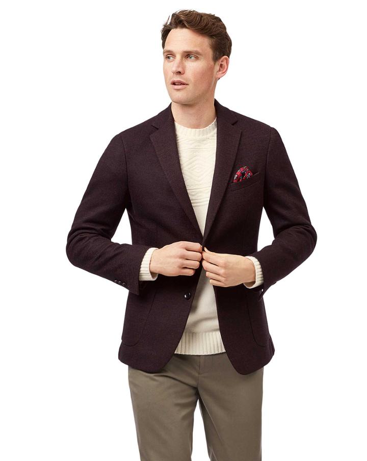  Slim Fit Aubergine Stretch Herringbone Modern Unlined Wool Jacket Size 36 By Charles Tyrwhitt