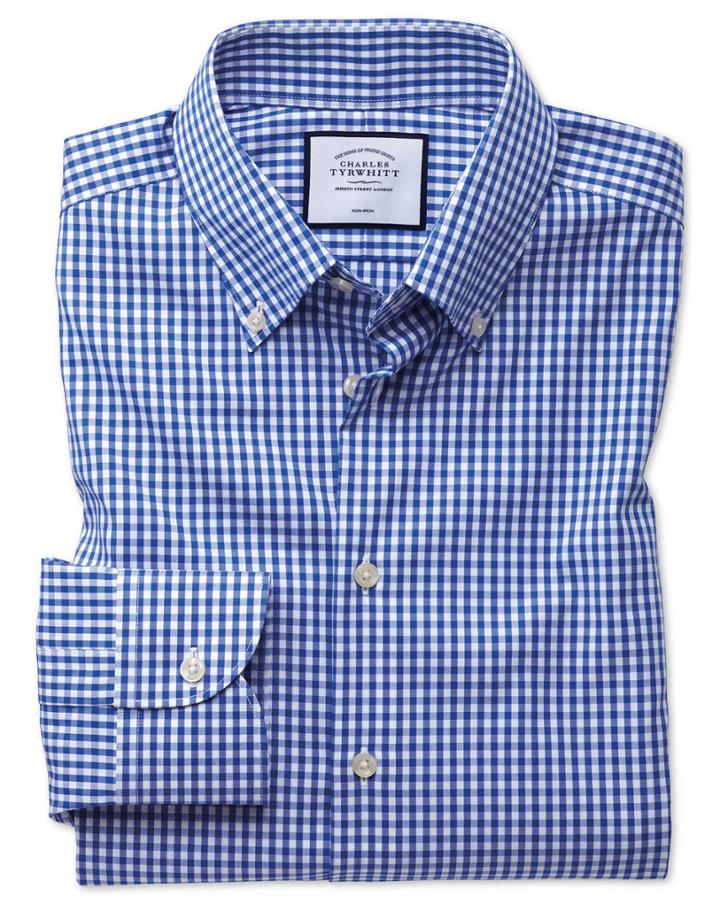  Classic Fit Business Casual Non-iron Royal Blue Check Cotton Dress Shirt Single Cuff Size 17/34 By Charles Tyrwhitt
