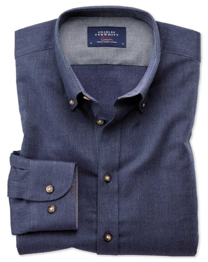Charles Tyrwhitt Slim Fit Button-down Soft Cotton Plain Blue Casual Shirt Single Cuff Size Large By Charles Tyrwhitt