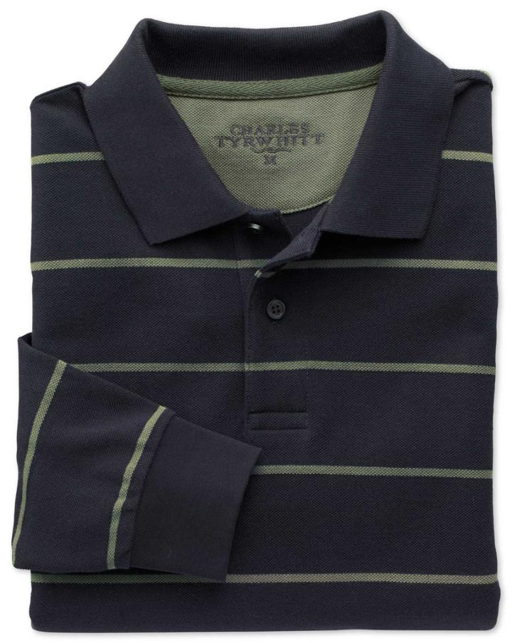 Charles Tyrwhitt Charles Tyrwhitt Navy And Green Stripe Pique Long Sleeve Cotton Polo Size Large