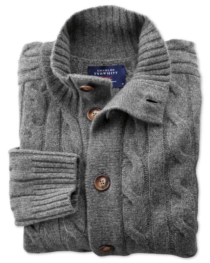 Charles Tyrwhitt Charles Tyrwhitt Grey Lambswool Cable Knit Cardigan Size Large