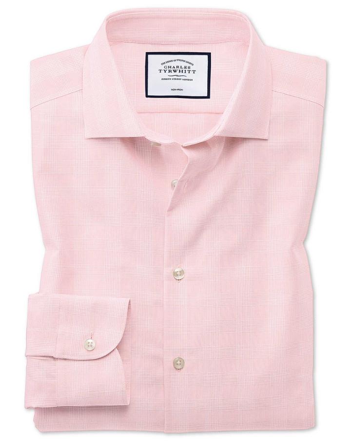  Slim Fit Business Casual Non-iron Pink Check Cotton Dress Shirt Single Cuff Size 14.5/32 By Charles Tyrwhitt