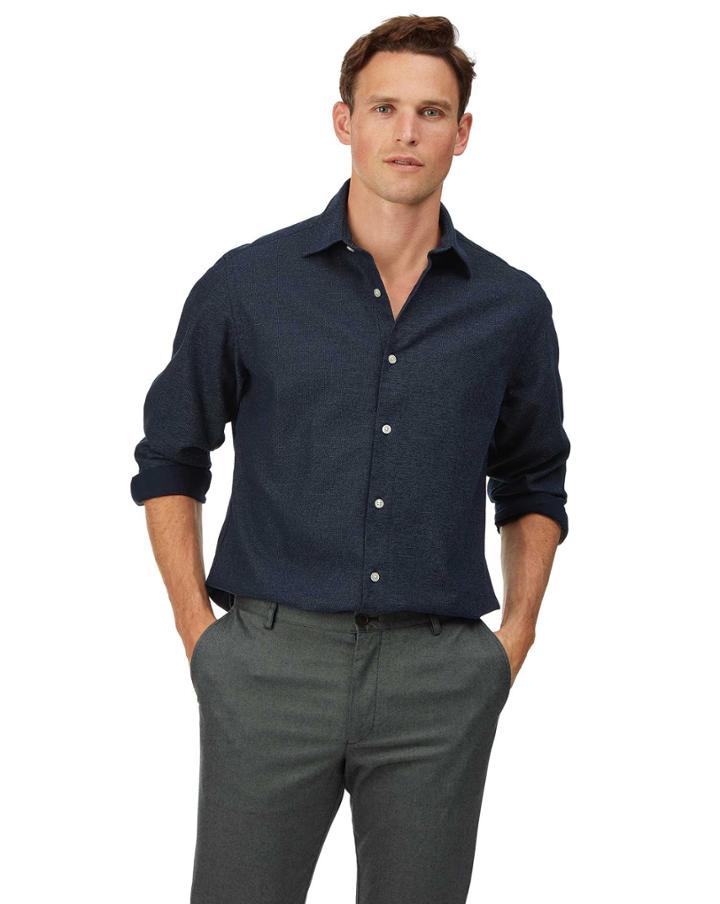  Classic Fit Navy Honeycomb Soft Washed Textured Cotton Casual Shirt Single Cuff Size Small By Charles Tyrwhitt