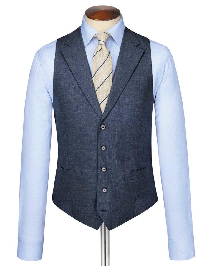 Charles Tyrwhitt Charles Tyrwhitt Airforce Blue Puppytooth Panama Business Suit Wool Vest Size W46