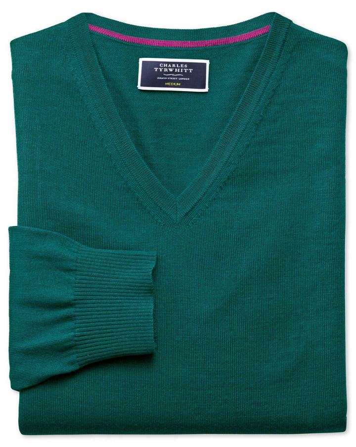 Charles Tyrwhitt Teal Merino Wool V-neck Sweater Size Large By Charles Tyrwhitt