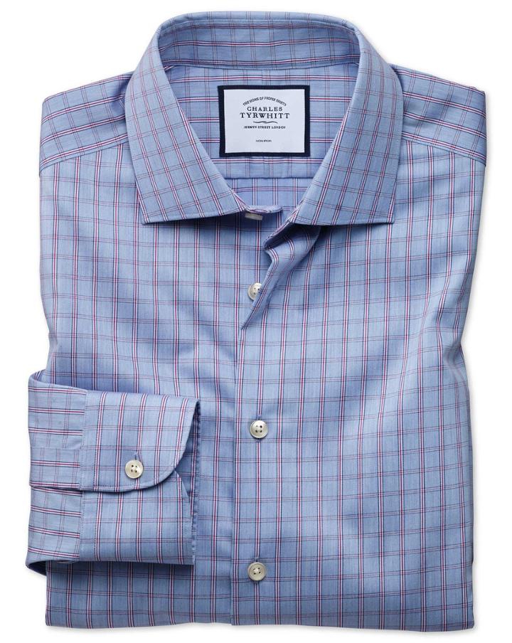  Slim Fit Business Casual Non-iron Blue Windowpane Check Cotton Dress Shirt Single Cuff Size 14.5/33 By Charles Tyrwhitt