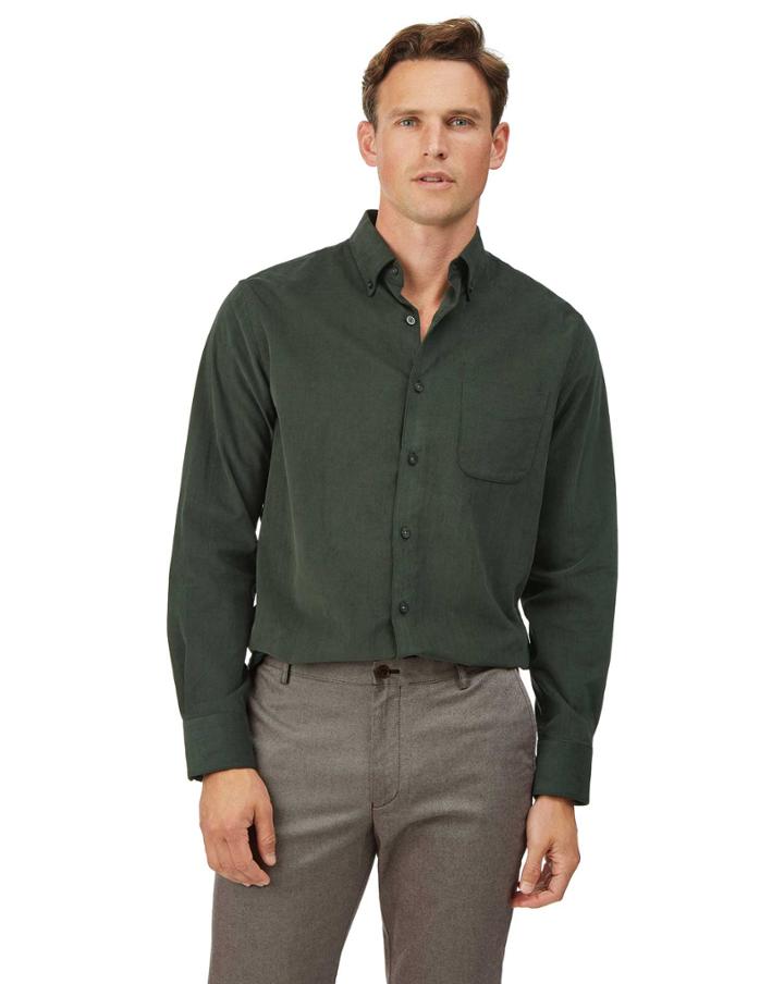  Slim Fit Dark Green Fine Button-down Corduroy Plain Cotton Casual Shirt Single Cuff Size Medium By Charles Tyrwhitt