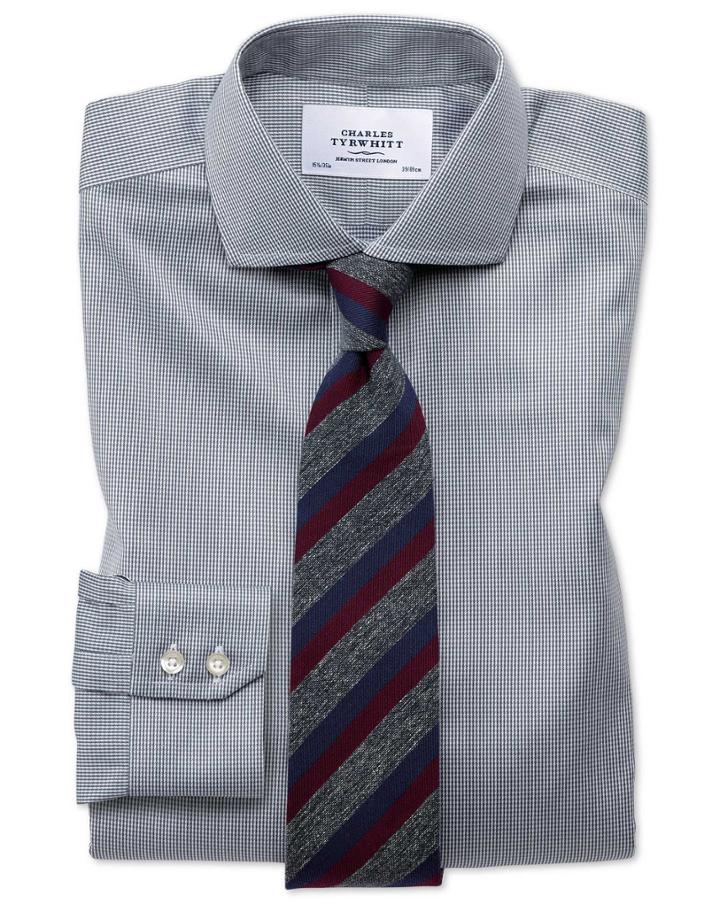  Slim Fit Spread Collar Non-iron Puppytooth Dark Grey Cotton Dress Shirt French Cuff Size 15/34 By Charles Tyrwhitt