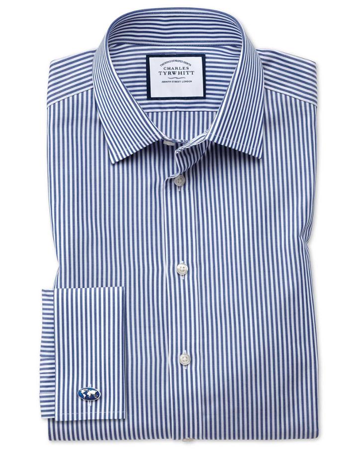 Charles Tyrwhitt Slim Fit Bengal Stripe Navy Blue Cotton Dress Shirt Single Cuff Size 15/32 By Charles Tyrwhitt