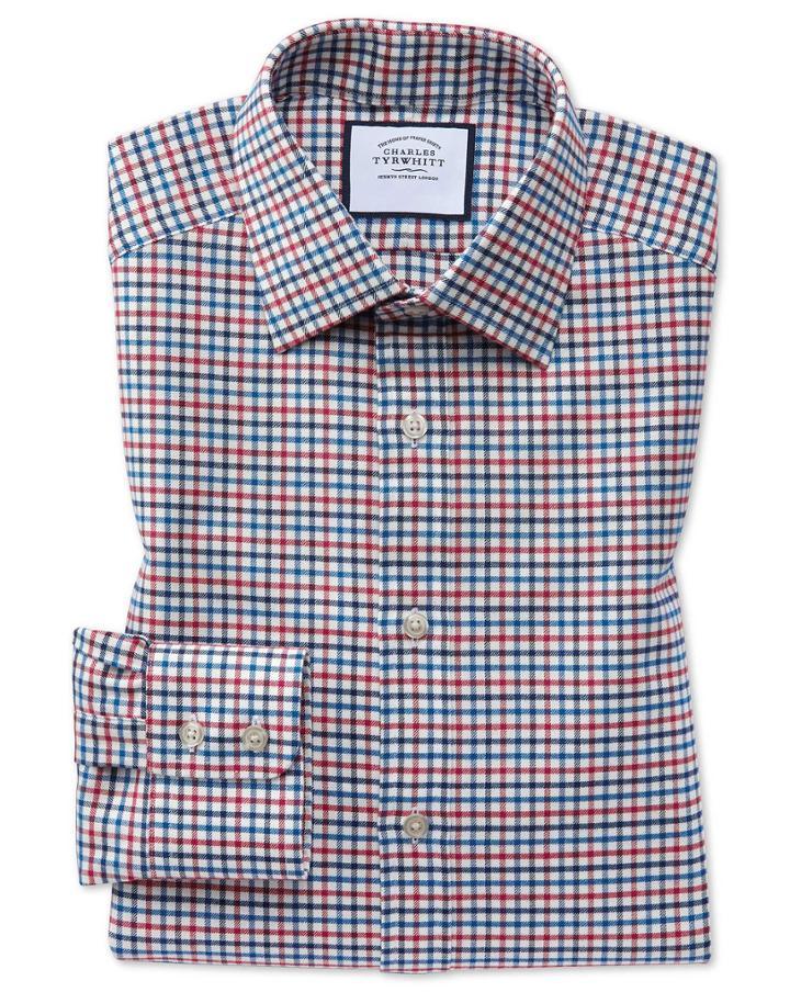 Slim Fit Red And Blue Country Check Cotton Dress Shirt Single Cuff Size 15/33 By Charles Tyrwhitt