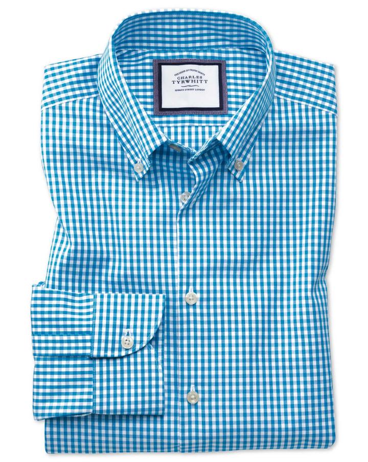 Charles Tyrwhitt Extra Slim Fit Button-down Business Casual Non-iron Aqua Blue Cotton Dress Shirt Single Cuff Size 14.5/33 By Charles Tyrwhitt