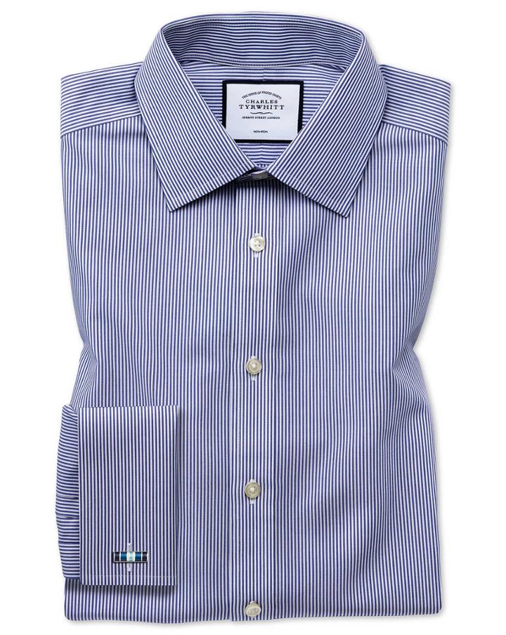  Classic Fit Non-iron Navy Bengal Stripe Cotton Dress Shirt French Cuff Size 15/33 By Charles Tyrwhitt