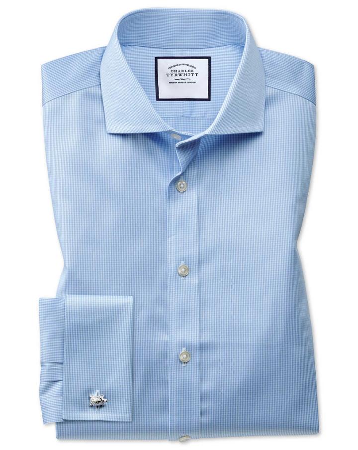 Charles Tyrwhitt Slim Fit Spread Collar Non-iron Puppytooth Sky Blue Cotton Dress Shirt French Cuff Size 15/34 By Charles Tyrwhitt