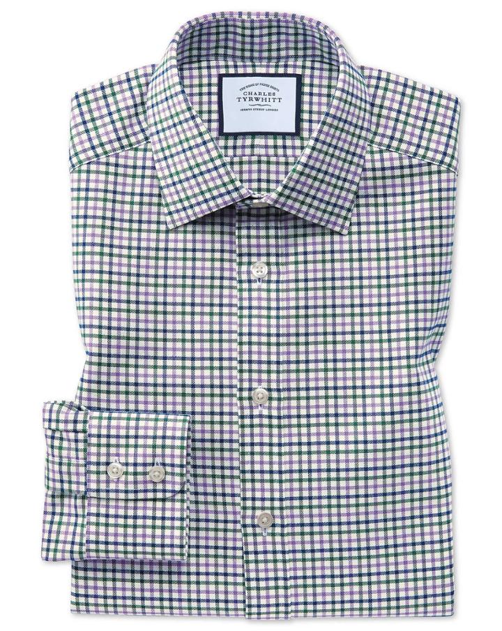  Classic Fit Purple And Green Country Check Cotton Dress Shirt Single Cuff Size 15.5/34 By Charles Tyrwhitt