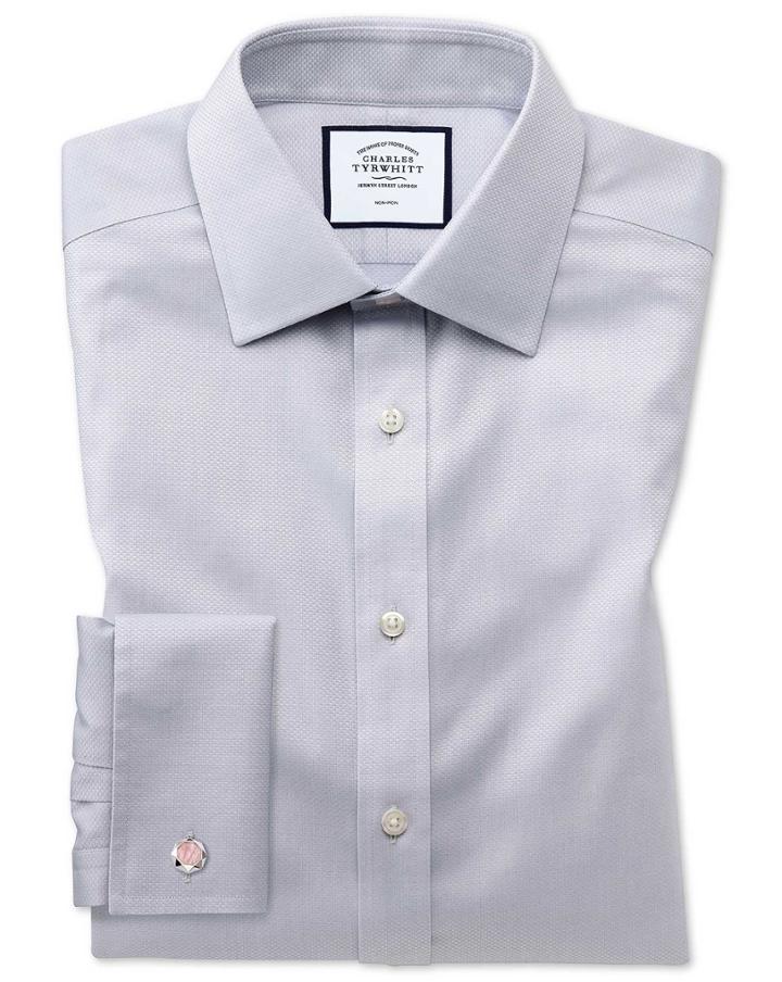  Extra Slim Fit Non-iron Grey Triangle Weave Cotton Dress Shirt French Cuff Size 14.5/32 By Charles Tyrwhitt