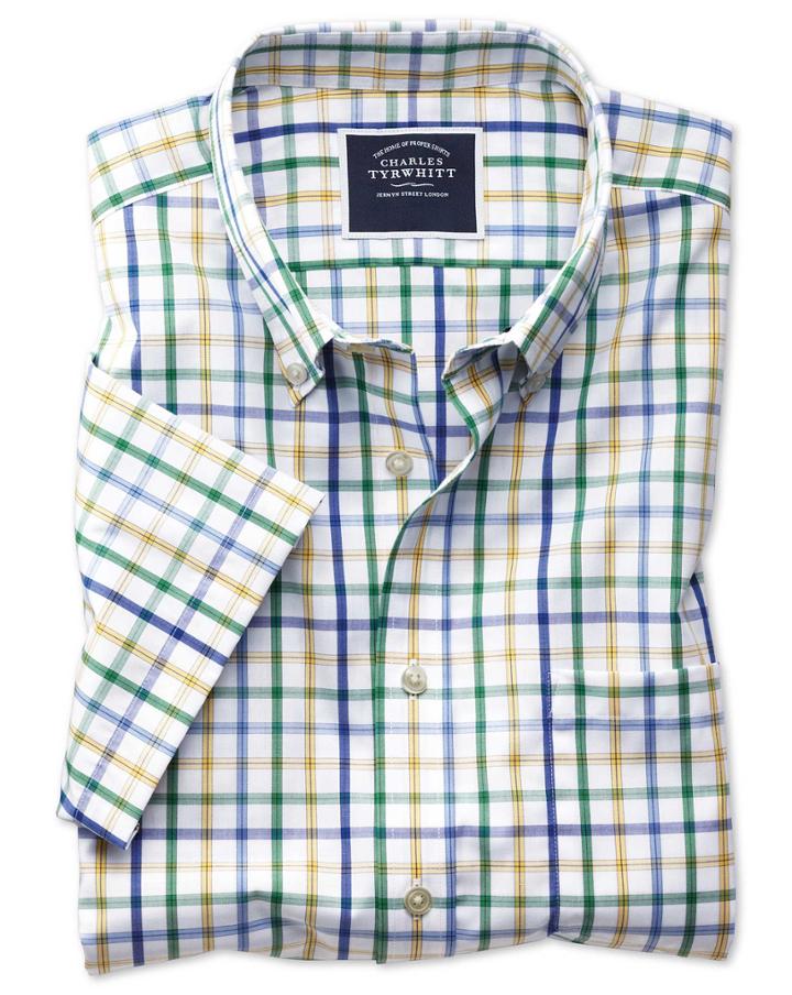  Classic Fit Non-iron Green Multi Check Short Sleeve Cotton Casual Shirt Single Cuff Size Small By Charles Tyrwhitt