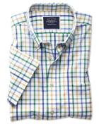  Classic Fit Non-iron Green Multi Check Short Sleeve Cotton Casual Shirt Single Cuff Size Small By Charles Tyrwhitt
