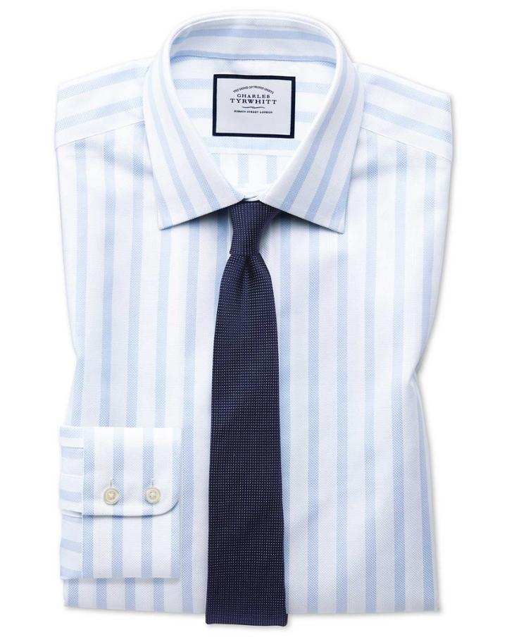 Extra Slim Fit Egyptian Cotton Royal Oxford Sky Blue Stripe Dress Shirt Single Cuff Size 14.5/33 By Charles Tyrwhitt