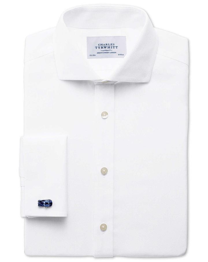 Charles Tyrwhitt Charles Tyrwhitt Slim Fit Spread Collar Non-iron Herringbone White Cotton Dress Shirt Size 15.5/34