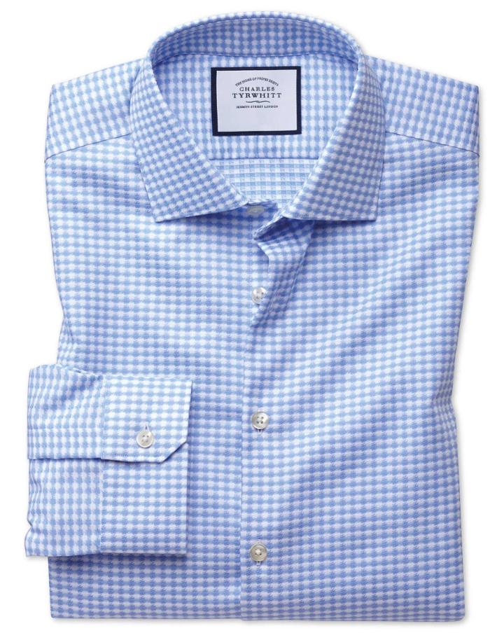  Super Slim Fit Business Casual Non-iron Modern Textures Sky Blue Cotton Dress Shirt Single Cuff Size 17/35 By Charles Tyrwhitt
