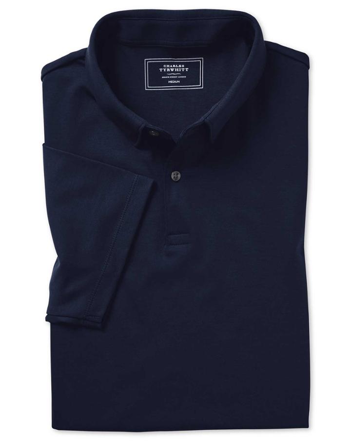Navy Plain Short Sleeve Jersey Cotton Polo Size Large By Charles Tyrwhitt