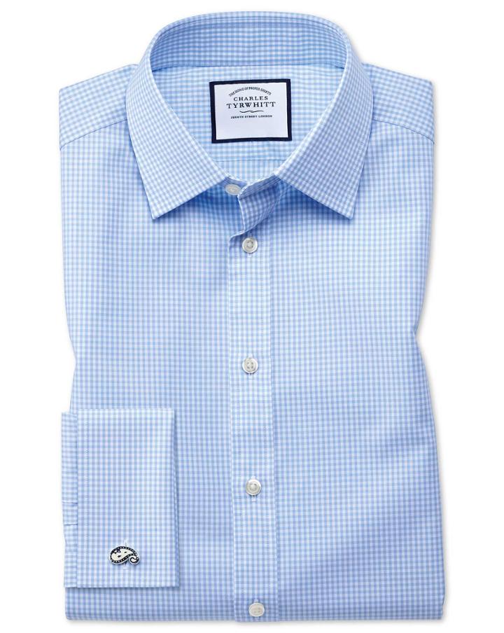Charles Tyrwhitt Classic Fit Small Gingham Sky Blue Cotton Dress Shirt Single Cuff Size 15/35 By Charles Tyrwhitt