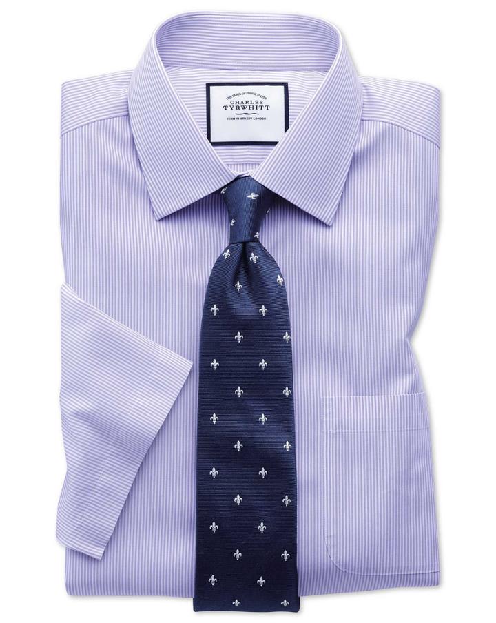 Slim Fit Non-iron Bengal Stripe Short Sleeve Lilac Cotton Dress Shirt Size 14.5/short By Charles Tyrwhitt