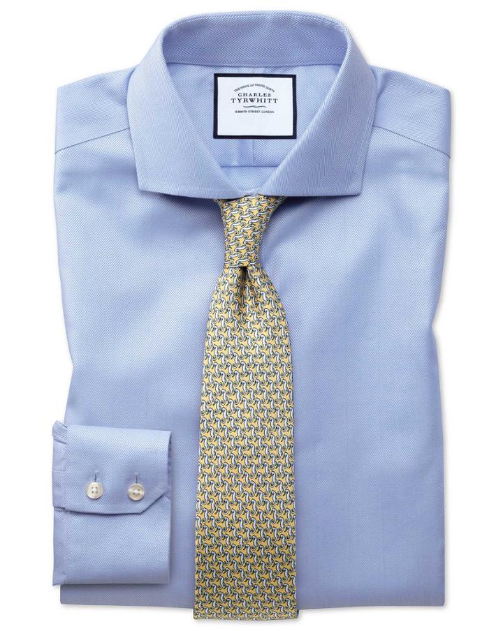 Charles Tyrwhitt Extra Slim Fit Spread Collar Non-iron Herringbone Sky Blue Cotton Dress Shirt French Cuff Size 14.5/32 By Charles Tyrwhitt