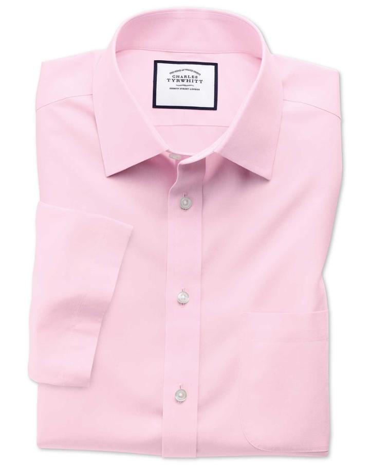 Charles Tyrwhitt Classic Fit Non-iron Poplin Short Sleeve Pink Cotton Dress Shirt Size 15.5/short By Charles Tyrwhitt