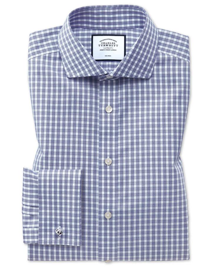  Slim Fit Non-iron Twill Gingham Blue Cotton Dress Shirt French Cuff Size 14.5/33 By Charles Tyrwhitt