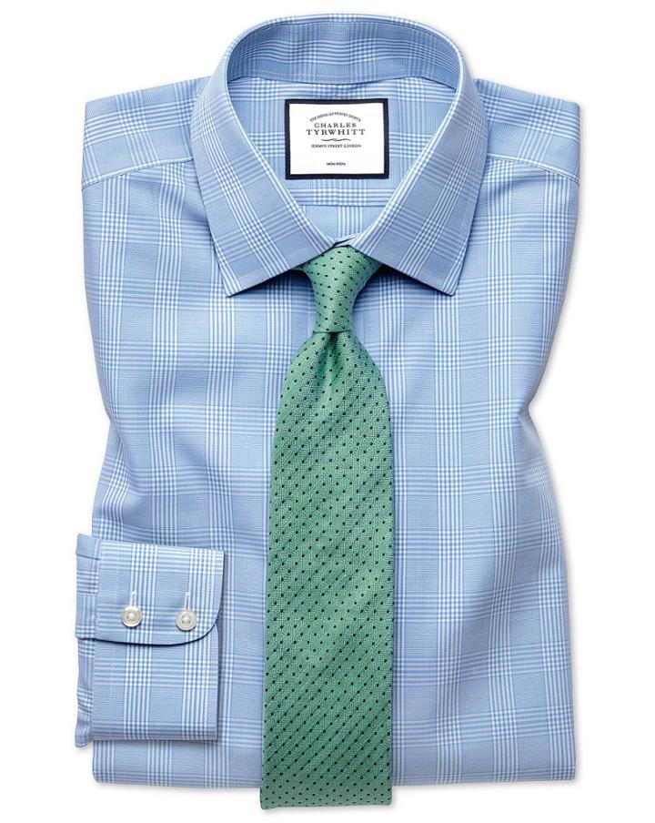  Slim Fit Non-iron Prince Of Wales Sky Blue Cotton Dress Shirt French Cuff Size 14.5/33 By Charles Tyrwhitt