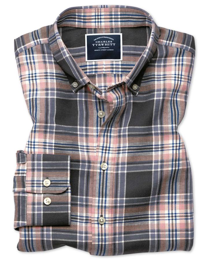  Slim Fit Grey And Pink Check Cotton Linen Twill Casual Shirt Single Cuff Size Medium By Charles Tyrwhitt