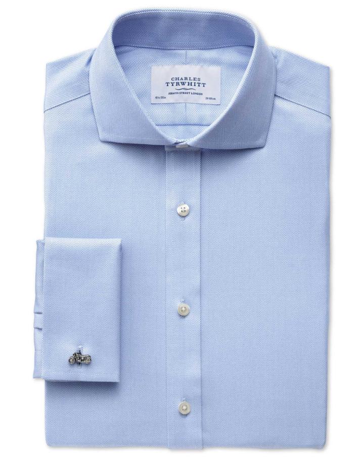 Charles Tyrwhitt Charles Tyrwhitt Extra Slim Fit Spread Collar Non-iron Herringbone Sky Blue Shirt