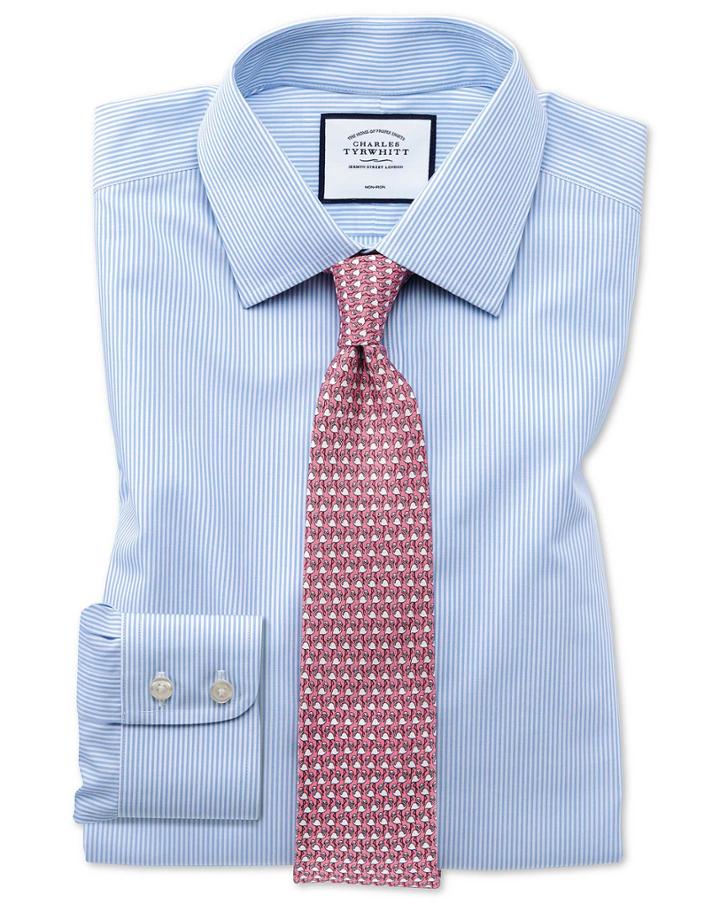  Classic Fit Non-iron Sky Blue Bengal Stripe Cotton Dress Shirt French Cuff Size 15/33 By Charles Tyrwhitt