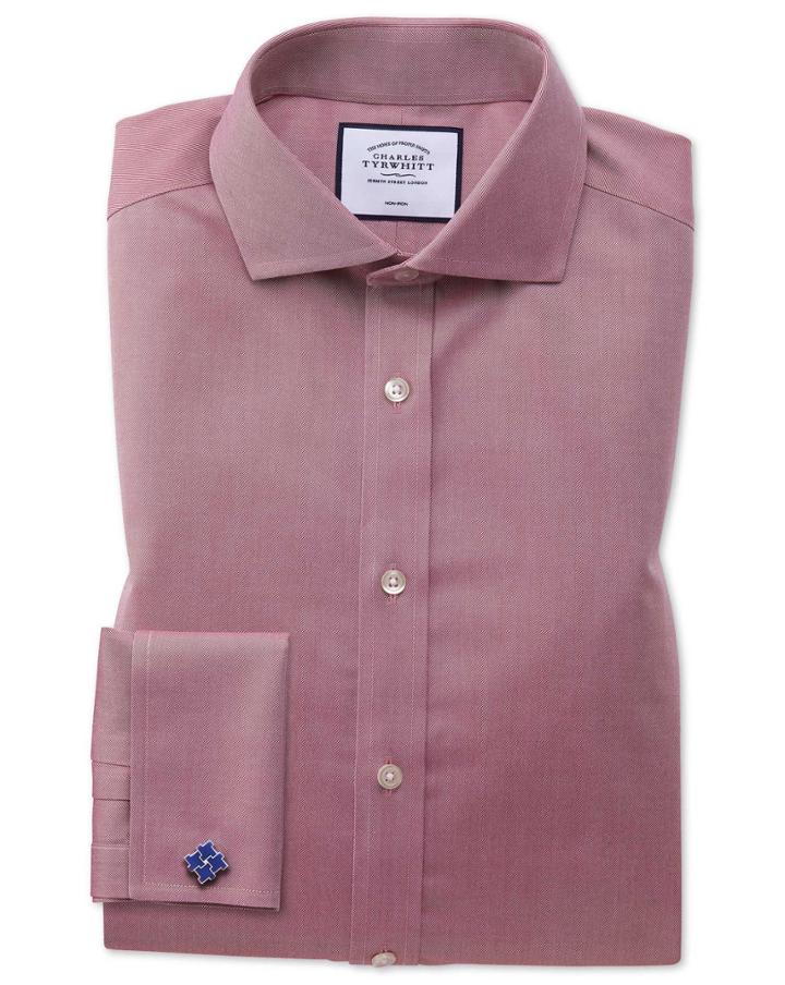  Extra Slim Fit Non-iron Spread Collar Red Twill Cotton Dress Shirt French Cuff Size 14.5/33 By Charles Tyrwhitt