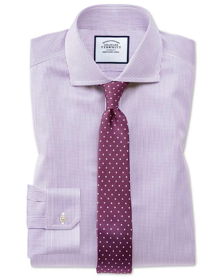 Charles Tyrwhitt Super Slim Fit Spread Collar Non-iron Puppytooth Lilac Cotton Dress Shirt Single Cuff Size 14.5/33 By Charles Tyrwhitt