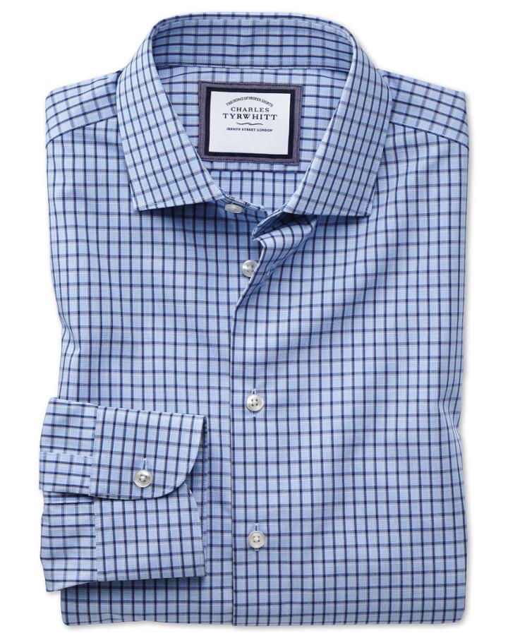Charles Tyrwhitt Slim Fit Semi-spread Collar Non-iron Business Casual Sky Blue And Navy Check Cotton Dress Shirt Single Cuff Size 14.5/32 By Charles Tyrwhitt