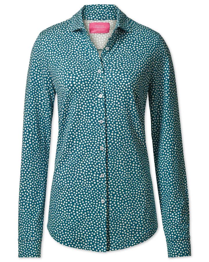 Charles Tyrwhitt Charles Tyrwhitt Teal And White Spot Print Semi Fitted Stretch Jersey Synthetic Shirt Size 6