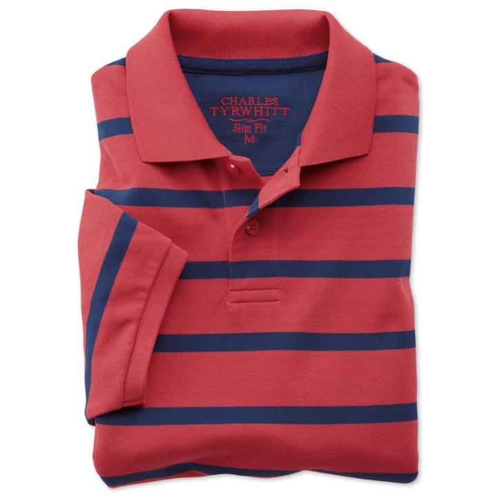 Charles Tyrwhitt Charles Tyrwhitt Salmon And Light Navy Short Sleeve Stripe Slim Fit Pique Polo (l)