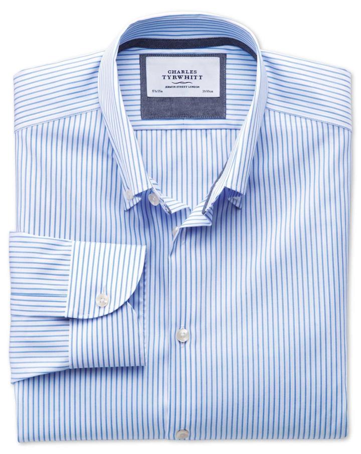 Charles Tyrwhitt Charles Tyrwhitt Extra Slim Fit Button-down Collar Non-iron Business Casual White And Sky Blue Striped Cotton Dress Shirt Size 14.5/32