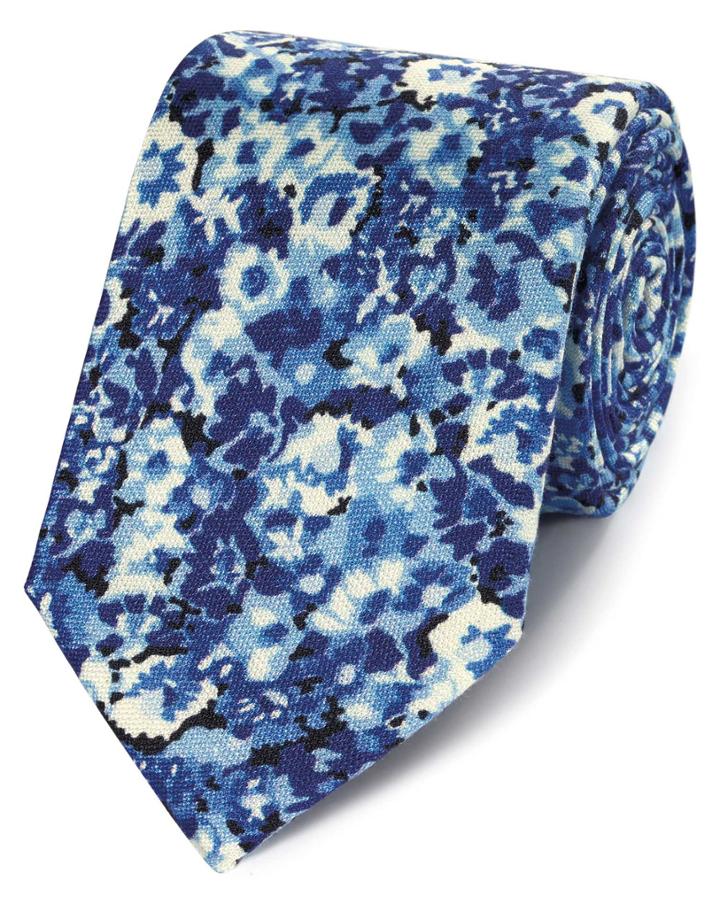  Blue Floral Cotton Silk Printed Classic Tie By Charles Tyrwhitt
