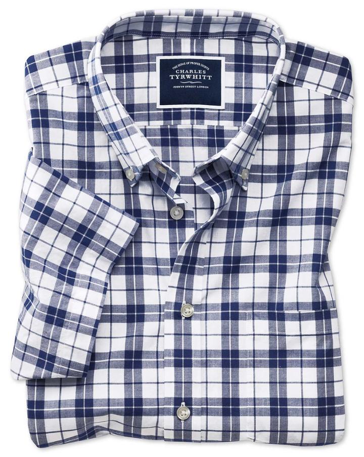 Charles Tyrwhitt Slim Fit Poplin Short Sleeve Navy And White Cotton Casual Shirt Single Cuff Size Large By Charles Tyrwhitt