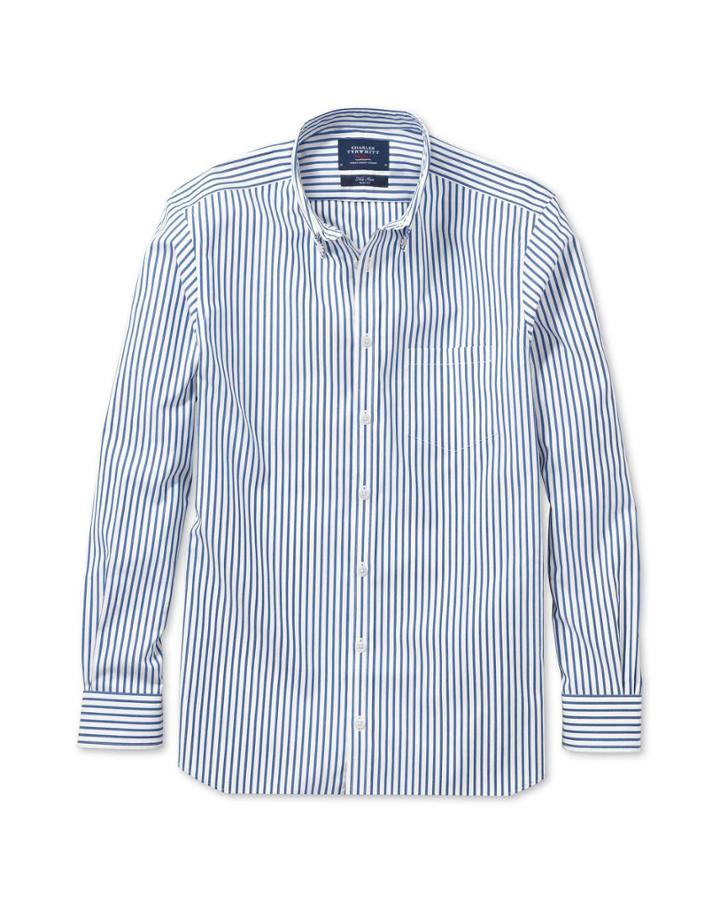 Charles Tyrwhitt Charles Tyrwhitt Classic Fit Non-iron Poplin Blue Stripe Cotton Dress Shirt Size Medium