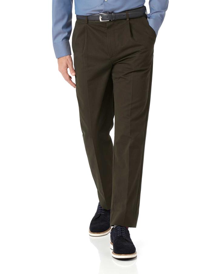  Brown Classic Fit Single Pleat Non-iron Cotton Chino Pants Size W32 L30 By Charles Tyrwhitt
