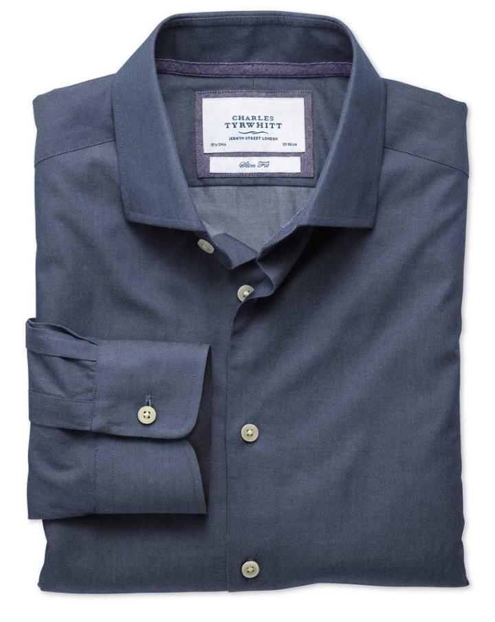 Charles Tyrwhitt Charles Tyrwhitt Slim Fit Semi-spread Collar Business Casual Blue Cotton Dress Shirt Size 15/35