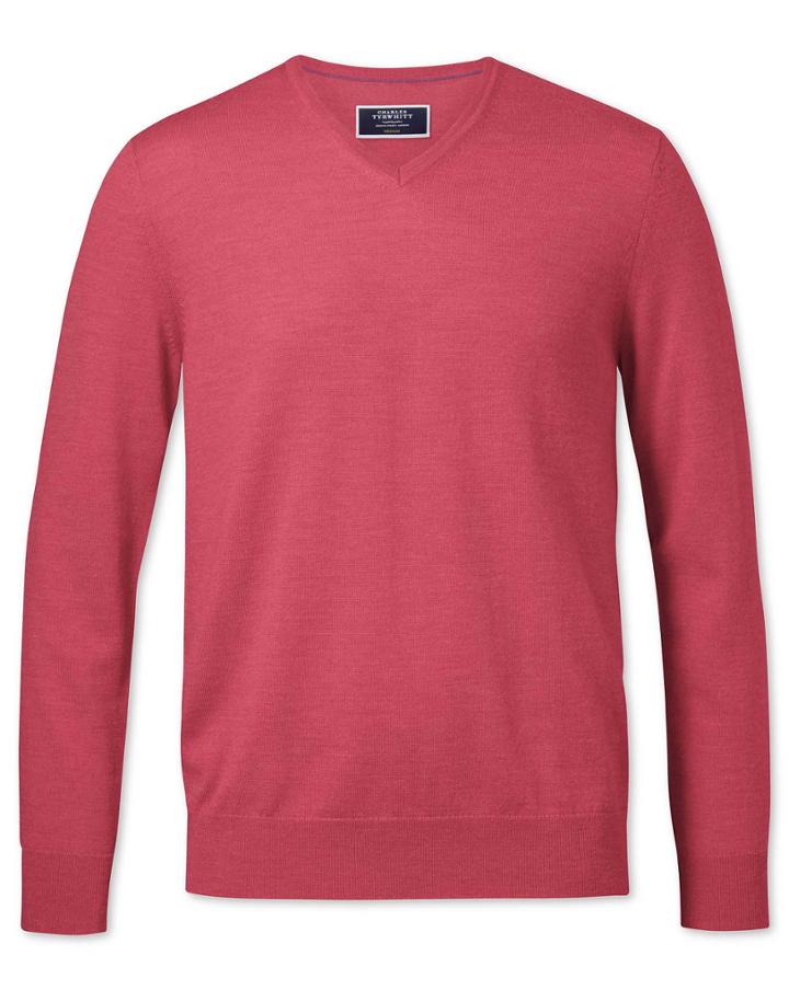  Coral Merino V-neck Merino Wool Sweater Size Large By Charles Tyrwhitt