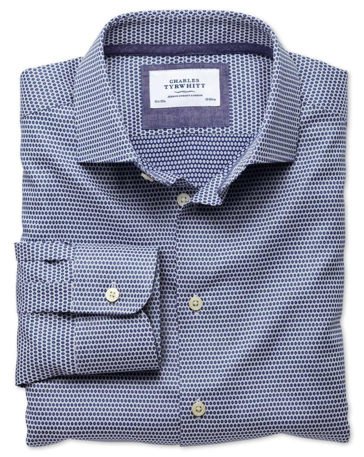 Charles Tyrwhitt Classic Fit Semi-spread Collar Business Casual Double-faced Navy Egyptian Cotton Dress Casual Shirt Single Cuff Size 17/35 By Charles Tyrwhitt