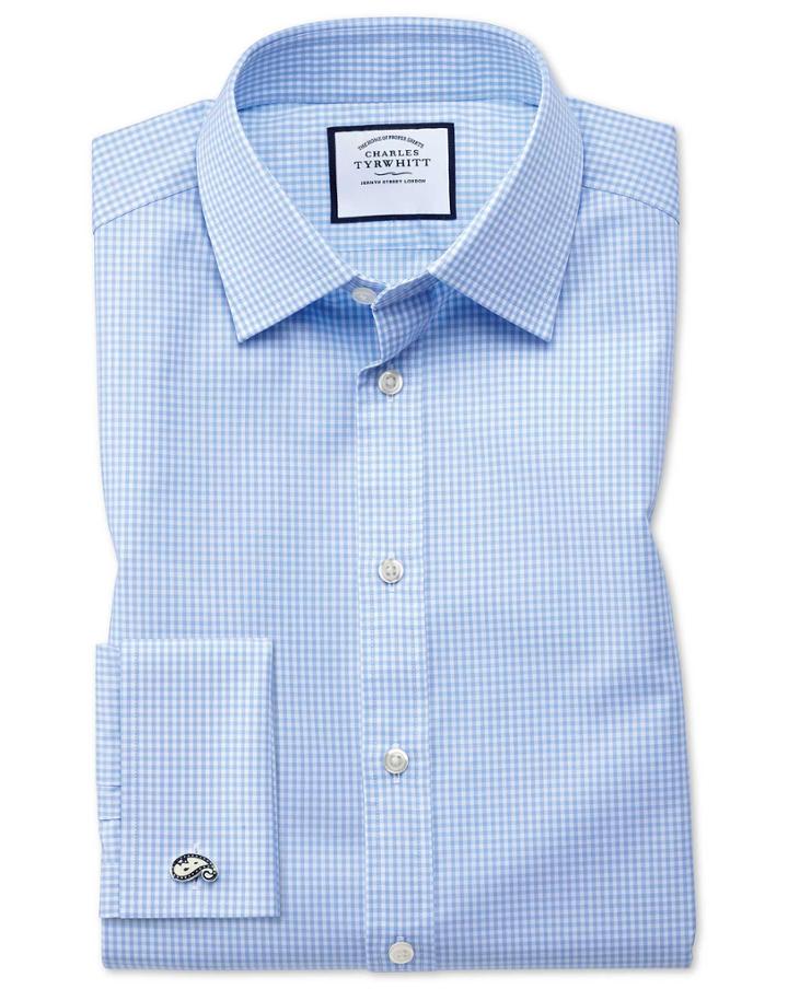 Charles Tyrwhitt Slim Fit Small Gingham Sky Blue Cotton Dress Shirt Single Cuff Size 14.5/33 By Charles Tyrwhitt